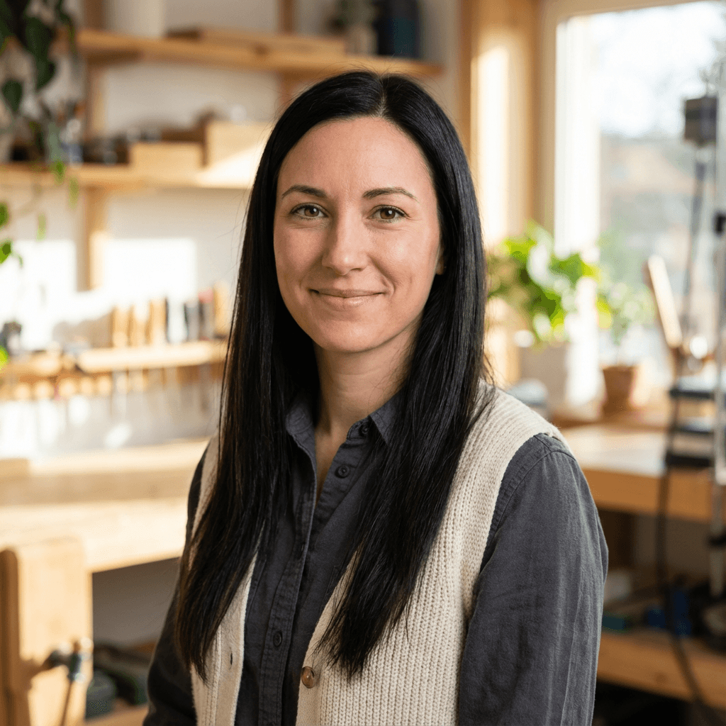 Rachel Thompson at her home with her repaired umbrella