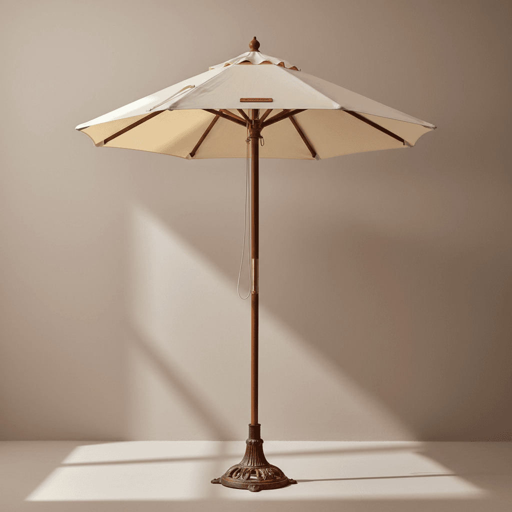 A warm, inviting shot of a properly restored umbrella placed upright in a stand, showing the complete finished result.