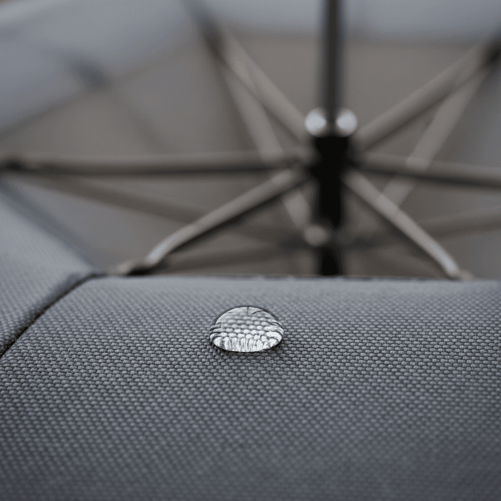 A natural, candid documentary aesthetic medium shot of a water droplet resting on a freshly cleaned umbrella fabric