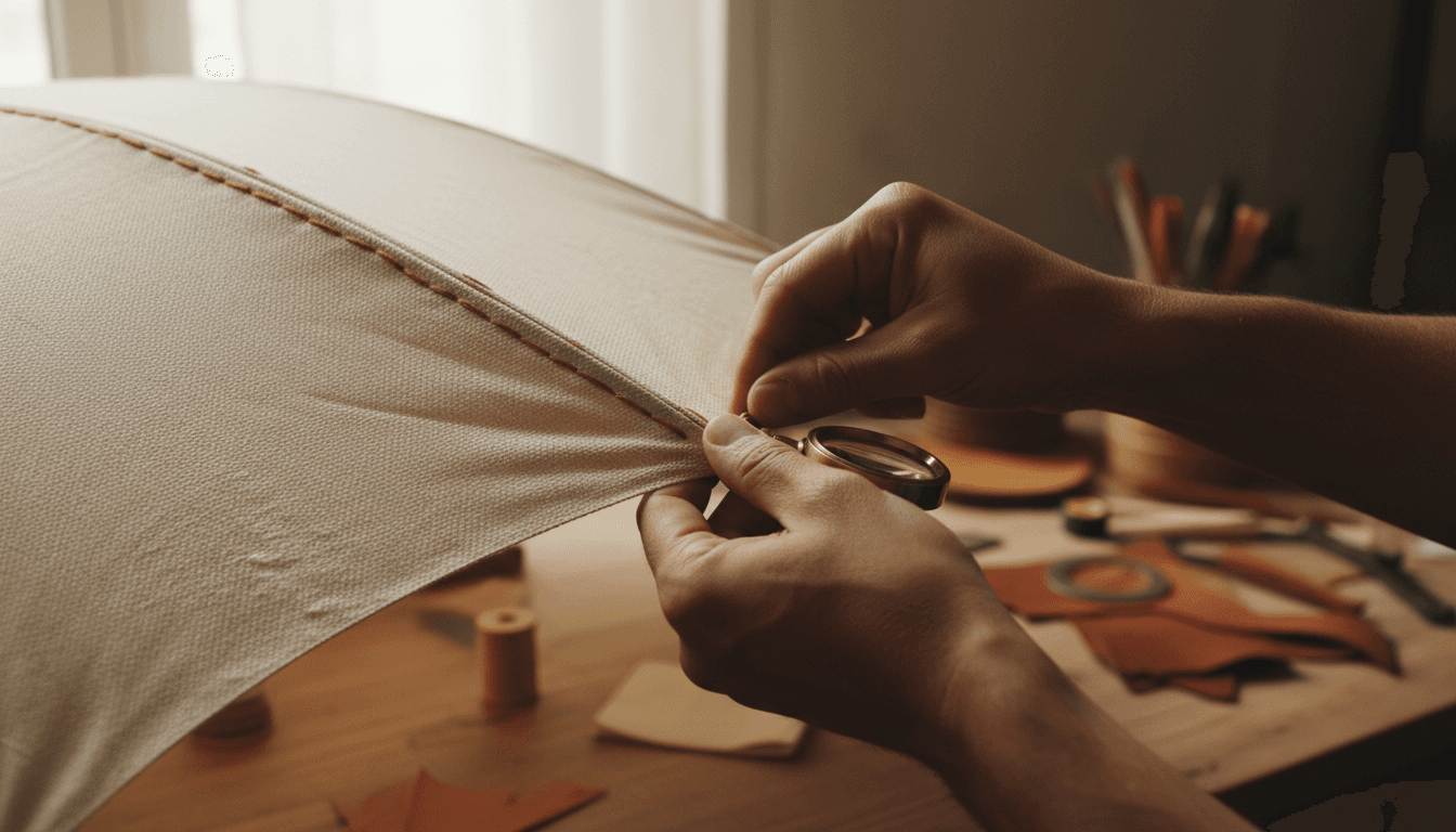 Hands inspecting umbrella fabric detail in natural light
