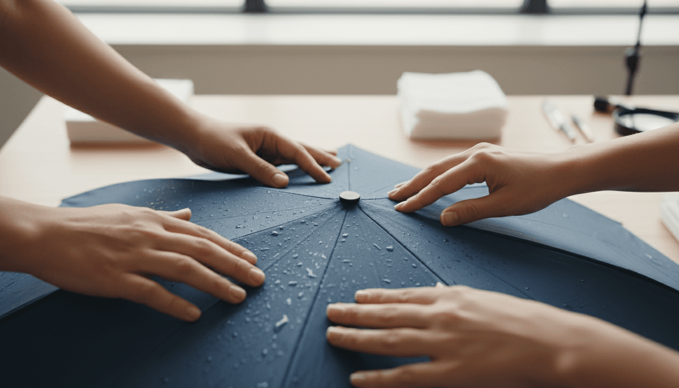 Close-up of hands carefully inspecting umbrella fabric during professional cleaning and repair service